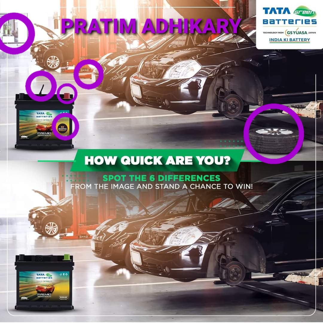 AdhikaryPratim's tweet photo. @Tatagreenbatery @Tatagreenbatery 
#ContestAlert #LuckyWinners #win #SpotToWin
Here I spotted all 6 difference team.
#IndiaKiBattery #TataGreenBattery #TataGreenBatteries
Tagging 
@Chhbi777 @akashdolui88  @ArpanSa19812737 @SanjibBahadur3 @Subrata73284617 https://t.co/7vaaWkgjQo