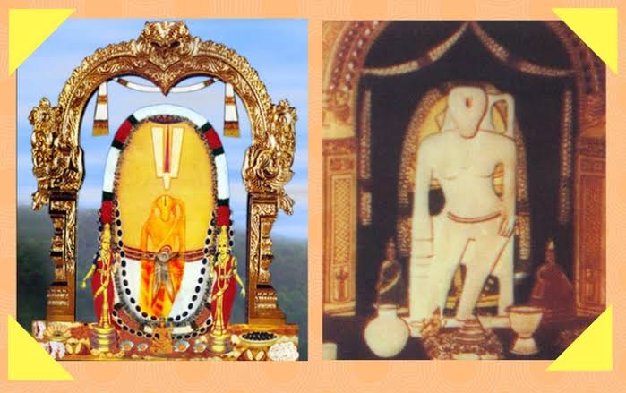 The mula virat (seen right below in the original form) is always covered in sandalpaste (the image on left). Apparently to cool down the ferocious Narasimha Avatar . The paste is removed only once a year on Akshaya Tritiya and devotees can see the original form.