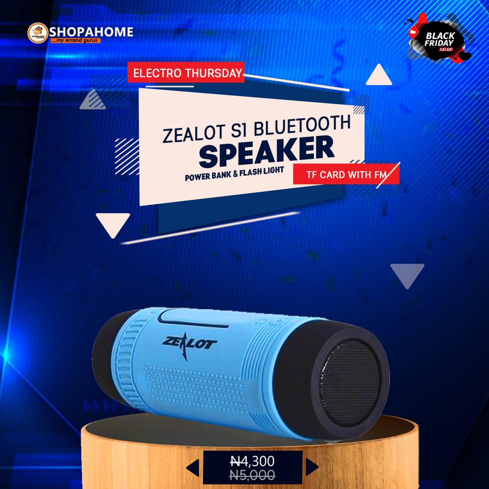 shopahome's tweet photo. It is #ElectroThursday at #ShopaHomeBlackFriday 

Get yourself the ZEALOT S1 Bluetooth with Power Bank &amp; Flash Light @ N4,300 only

Shop here >>>> https://t.co/kCWdCtiFCH https://t.co/wHkkwuuT1m