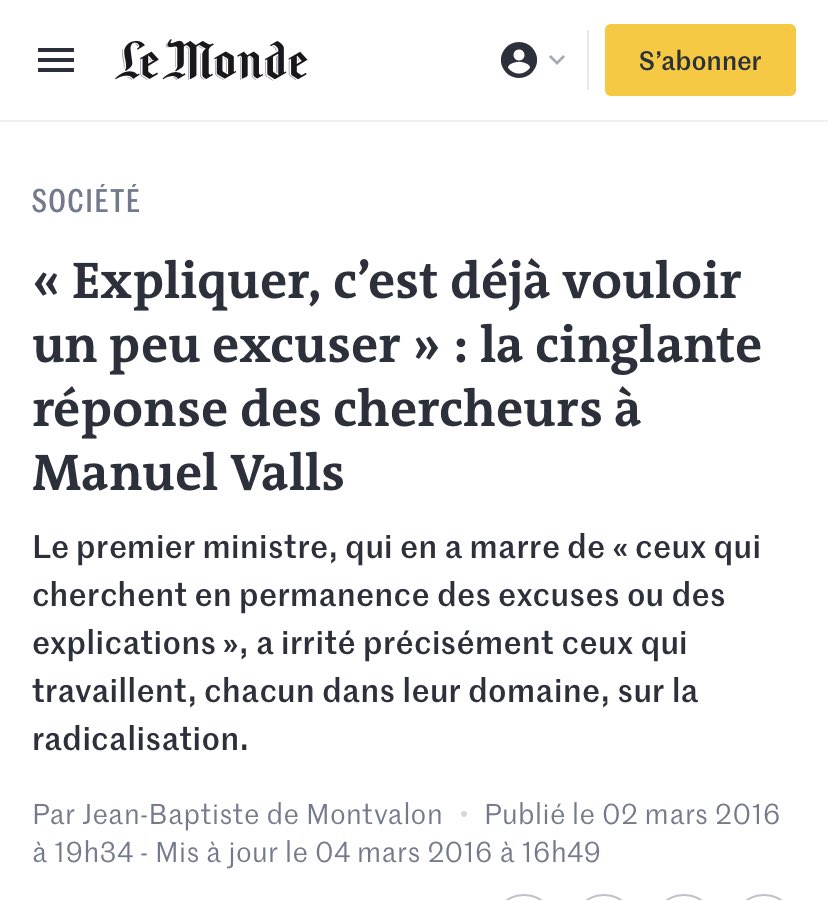  #PT Quand on ne comprend pas ce qu’est l’adversaire, on ne le combat pas d’une manière efficace. Et quand on ne VEUT pas comprendre, on accumule les échecs, puis on fuit en Espagne quelques années avant de revenir pour réessayer en pire tout ce qui a déjà si pitoyablement foiré.