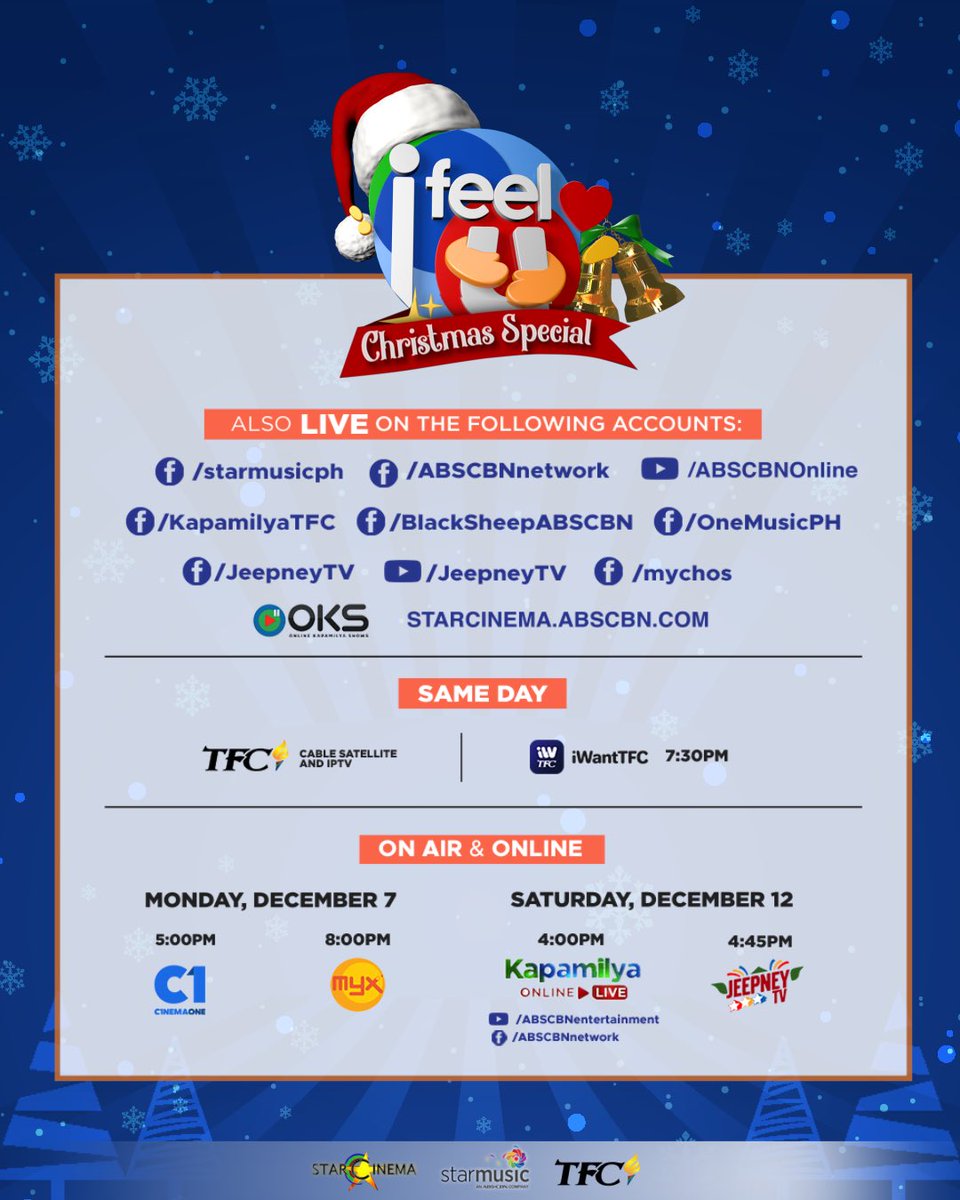 StarCinema's tweet photo. Gusto namin kayong #MakasamaNgayongPasko!

Feel na feel na to share the love all over the world with the star-studded #IFeelU Christmas Special happening this December 6, 9:30AM and 5PM, on our official Facebook and Youtube pages, and the following platforms!

Abangan! https://t.co/sRidhhu2xE