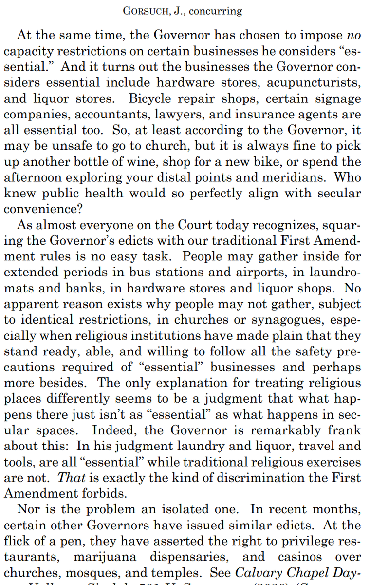 jasonrantz's tweet image. Justice Neil Gorsuch with the 🔥🔥🔥right here.

"So, at least according to the Governor, it may be unsafe to go to church, but it is always fine to pick up another bottle of wine, shop for a new bike... Who
knew public health would so perfectly align with secular convenience?"