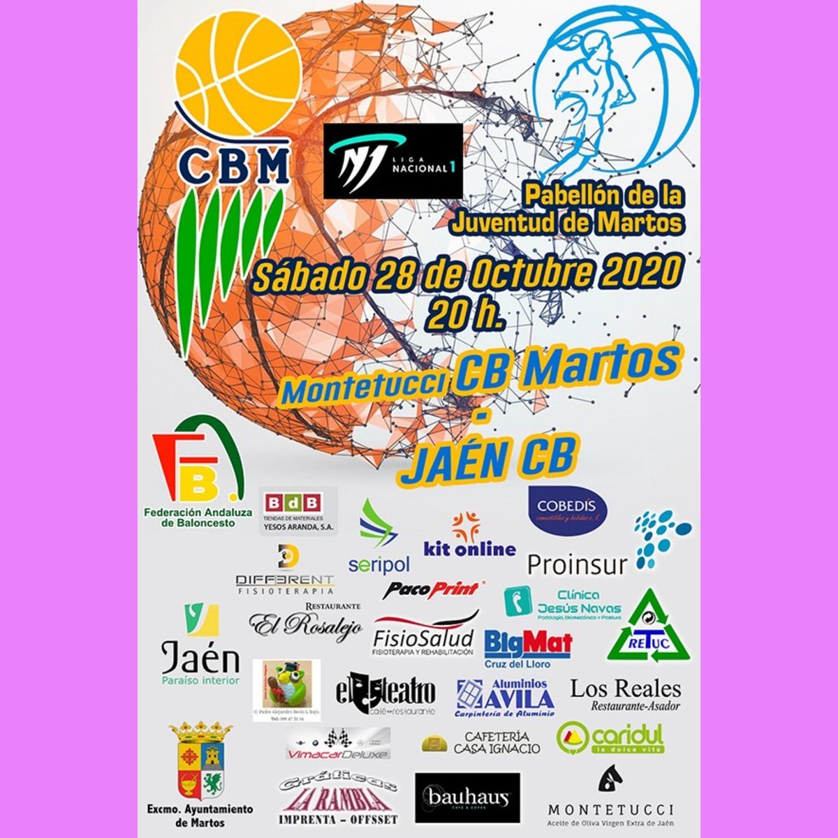 CB_Martos's tweet photo. ⛹️Liga 1N Fem. Jornada 6
📆 Sábado  28/11/2020
🕖  20:00 horas
🆚 @JaenCB
🏟 Pabellón de la Juventud
🗺️ Martos
@FABJaen  @FAB_Andaluza @eldeportedejaen @lacontradejaen 
#Recomenzamos1Nac 
#GOCBM https://t.co/2ICHVPWeoy
