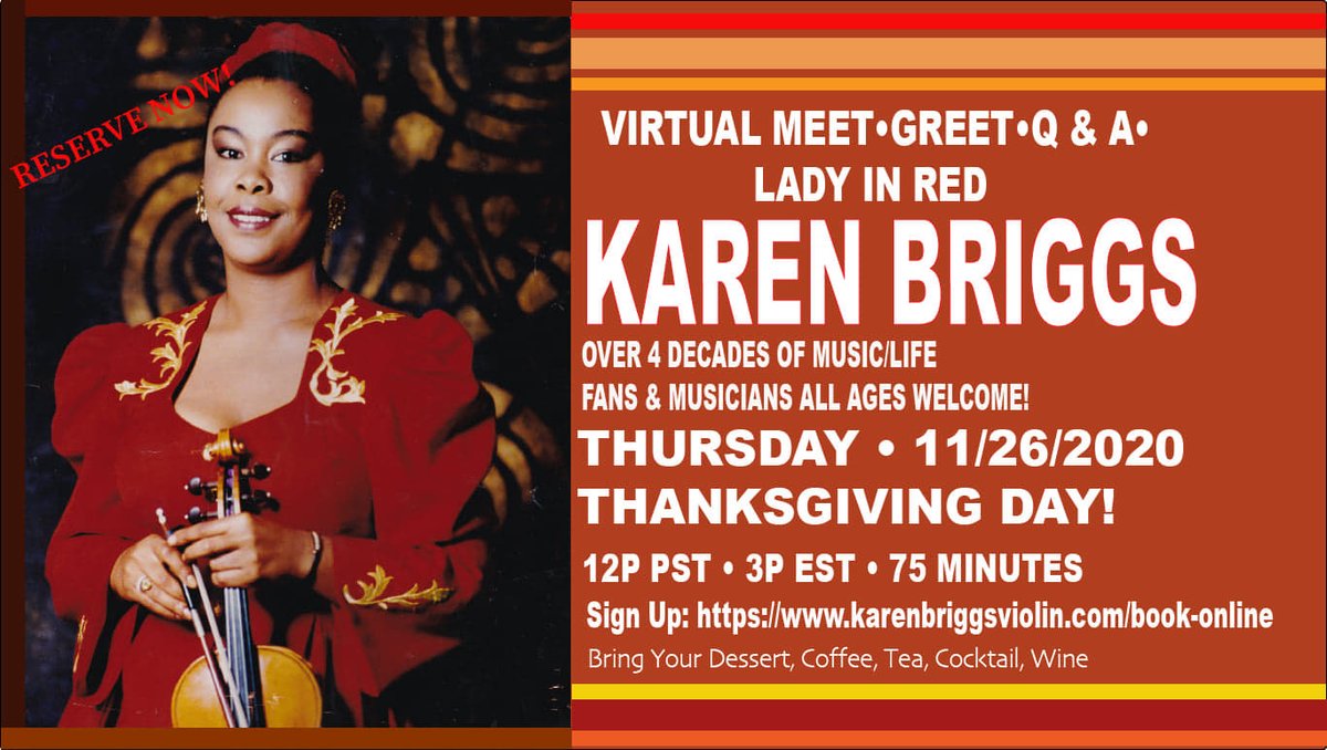 PhazeII_'s tweet image. Happy Thanksgiving Family and Friends!
Be a part of a Special Holiday Meet &amp;amp; Greet and Q &amp;amp; A with World Renowned Violinist, Karen Briggs!
It's all going to be happening today, beginning at 12P PST/ 3P EST.     You can sign up via karenbriggsviolin.com/book-online.
Be Safe and Bon Appetit!