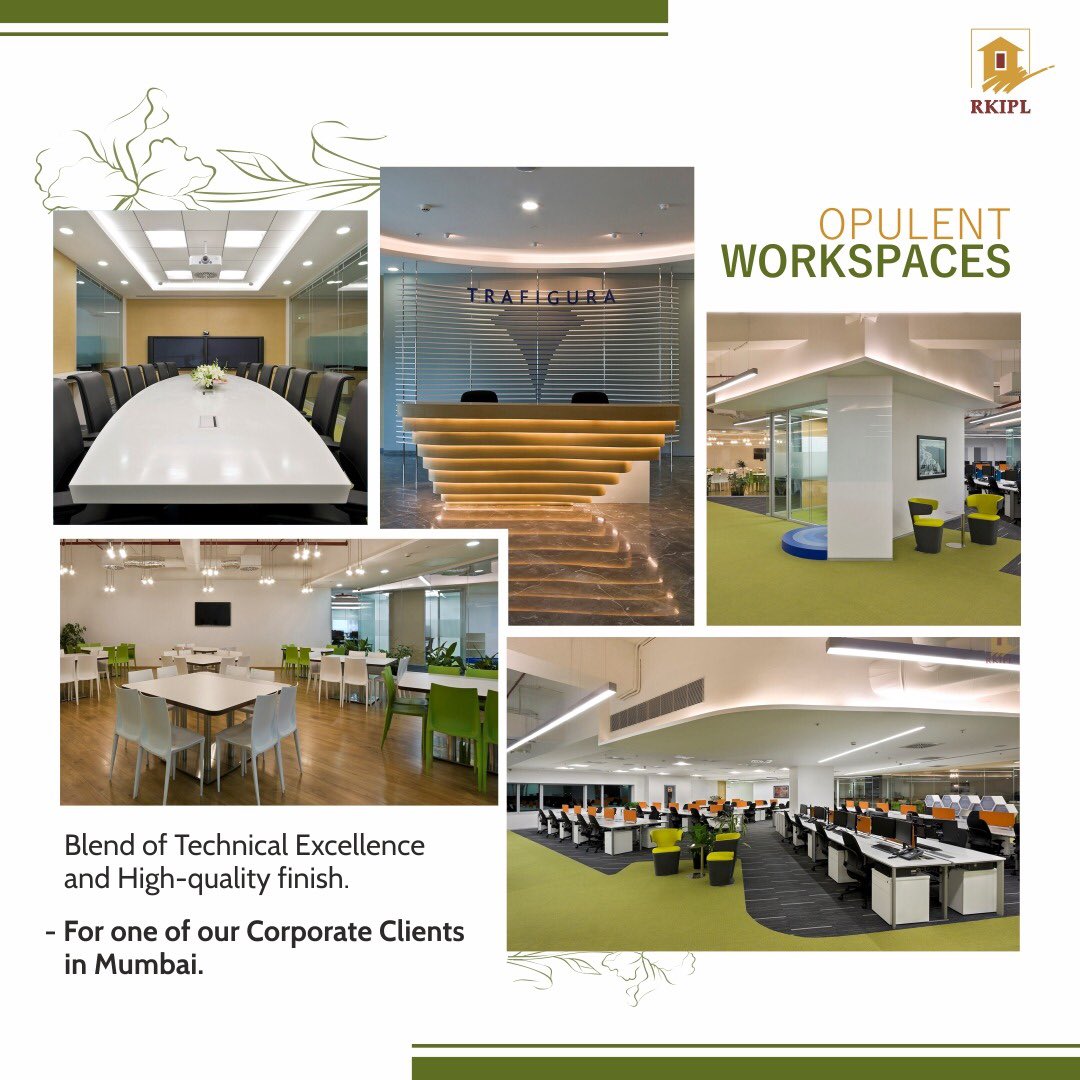 An environment filled with positivity brings outstanding results.
That's why at RKIPL we go that extra mile to ensure every nook and corner is testimony of our premium workmanship. #RKIPL #workspace #opulentdesigns https://t.co/z4okyZ91az