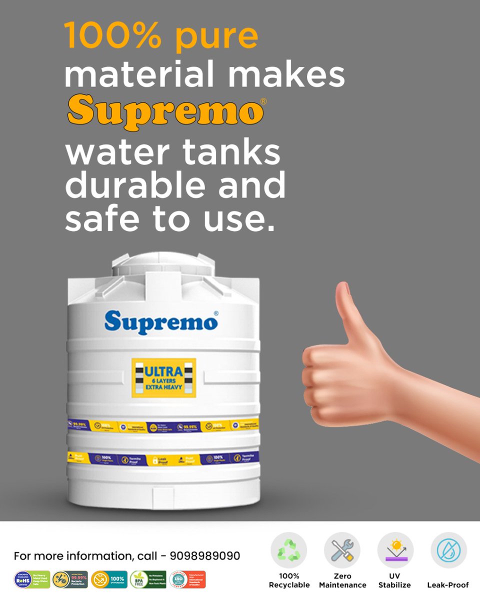 SupremoPlastics's tweet photo. Supremo Ultra, a 6 Layer Extra Heavy Water Storage Tank.
6 layers of this tank make it extremely strong and suitable for all water storage solutions.

#supremo #UltraTank #6Layerwatertank #supremowatertanks  #supremoultra https://t.co/MswlPgcXws