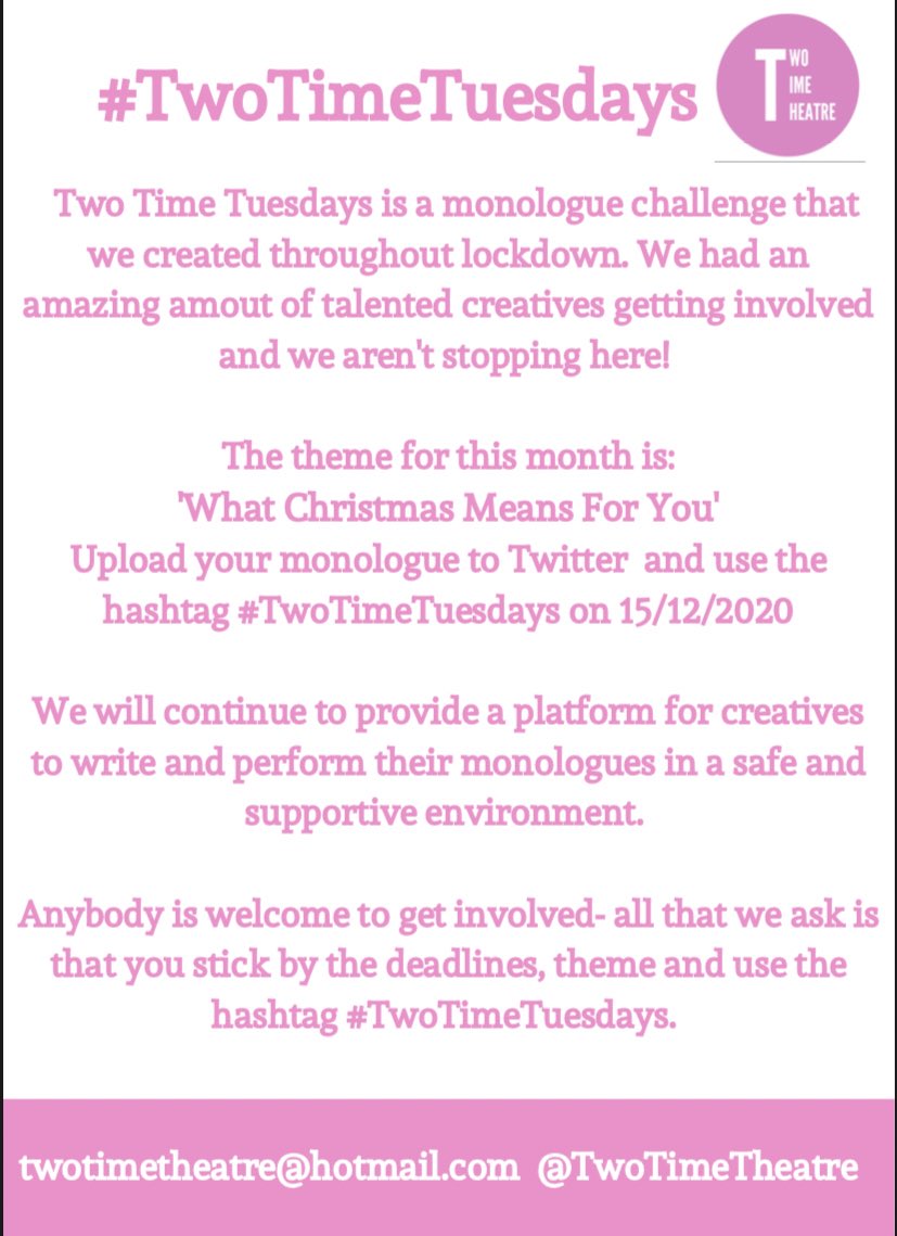 TwoTimeTheatre's tweet photo. So guys, this months #TwoTimeTuesdays will be the LAST one ever 😢 We are sad but we are planning bigger & better things!! 👀 We just wanted to say a HUGE thank you to absolutely everybody that has joined in so far. Let’s end on a high & get as many people involved!! RT RT RT 💗 https://t.co/2rN1uymMzg