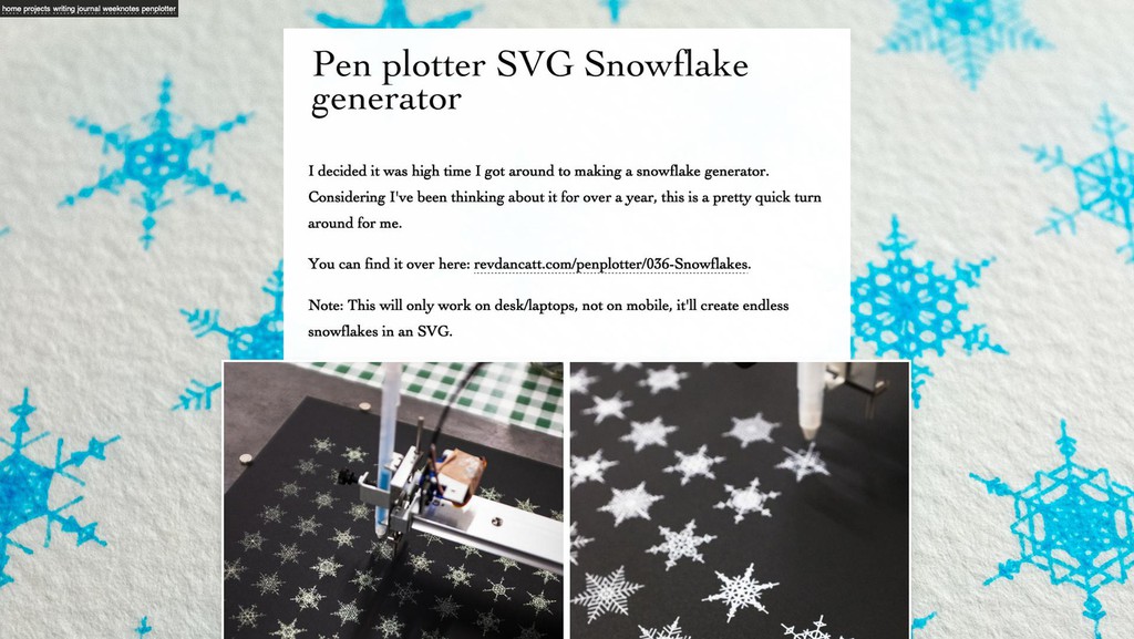 revdancatt's tweet photo. It's that time of year for a pen plotter SVG Snowflake generator, more details here...
▸ https://t.co/ohHNP2BM1l
#penplotter #plottertwitter #snowflakes #CreateSnowflakes #CreateEndlessSnowflakes #SvgGenerator #PenPlottingTools https://t.co/MIvCdc6PkT