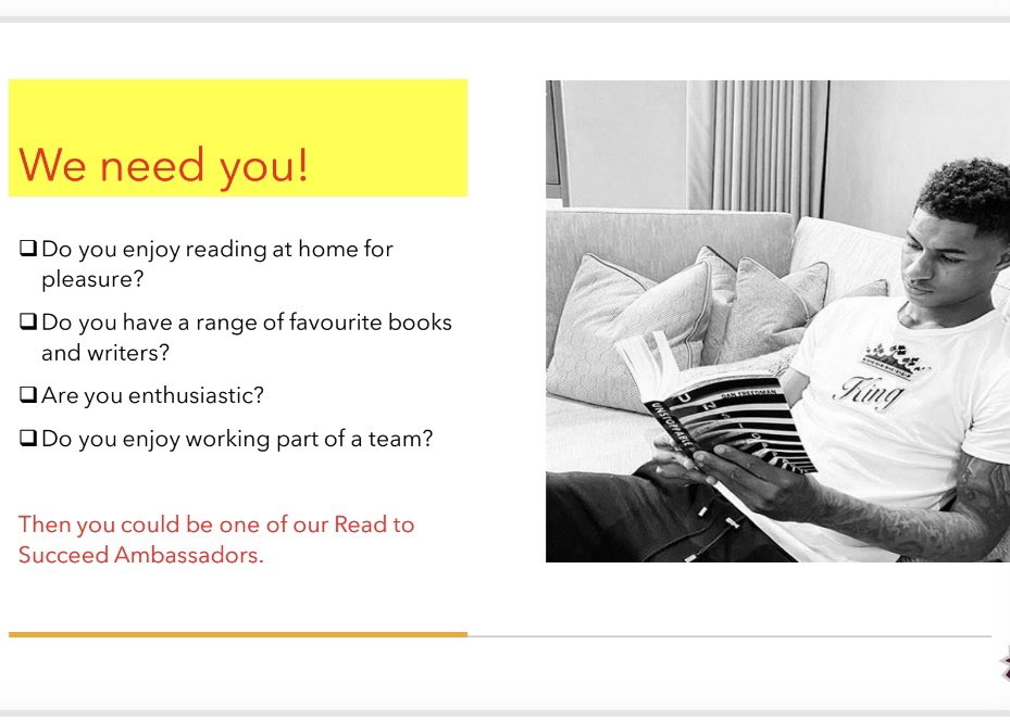 SMHSLiteracy's tweet photo. We are recruiting! Our new #ReadtoSucceed Committee needs S1-3 Ambassadors! Please see @MrsKerrEnglish for an application form! #belikemarcus @MargaretsHigh #readingmatters #ReadingforEnjoyment #literacy #literacymatters https://t.co/6naHxHd3mH