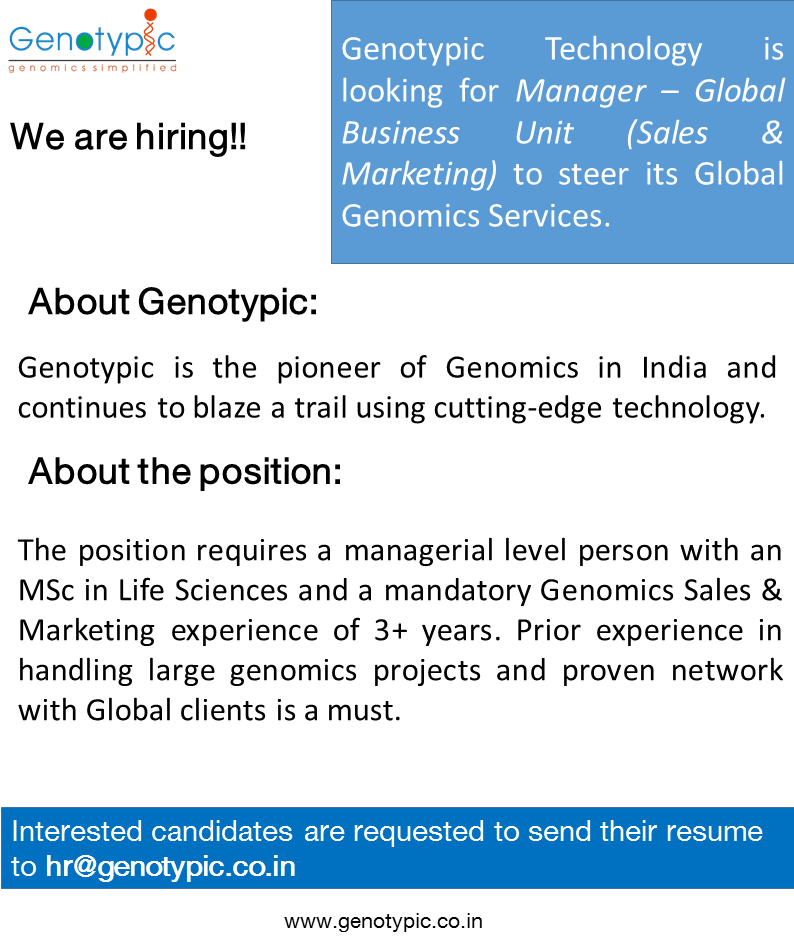 GenotypicTech's tweet photo. Genotypic is hiring!!
Interested candidates to write to hr@genotypic.co.in
#jobalert #genotypictechnology #hiring #lifesciences #manage r #msc #marketing #genomics #biotechnology https://t.co/66PqGYObqi