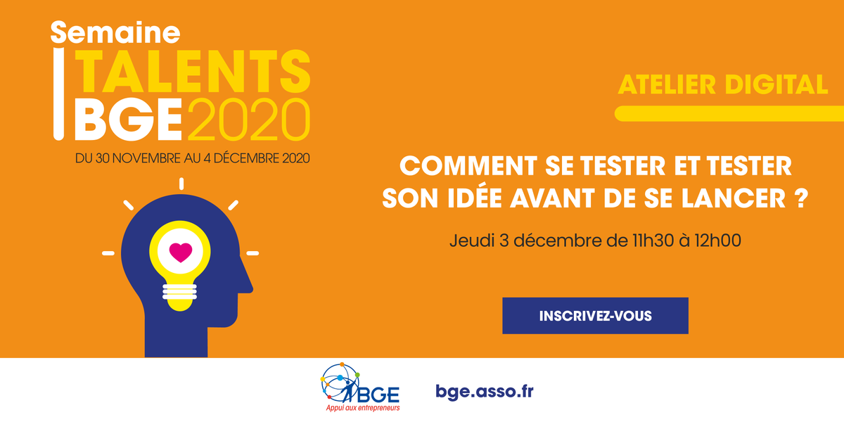 Reseau_BGE's tweet photo. #SemaineDesTalents #AtelierDigital
💻 Inscrivez-vous dès maintenant pour assister à l'atelier digital : Comment se tester et tester son idée avant de se lancer ?
📅 03/12/2020 de 11h30 à 12h00.
👉 https://t.co/x4BEcp64ym
@Bpifrance @Agefiph_ @CreditMutuel @BGELoiret https://t.co/vdNY86FdWB