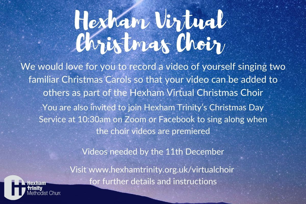 Join the Hexham Virtual Christmas Choir. Everyone can take part by recording a video of themselves singing 2 Christmas Carols which will be shown on Christmas Day <a href="/hexhamtrinity/">hexhamtrinity</a> on zoom and Facebook. For more information visit hexhamtrinity.org.uk/virtualchoir/ #hexham #Christmas #choir