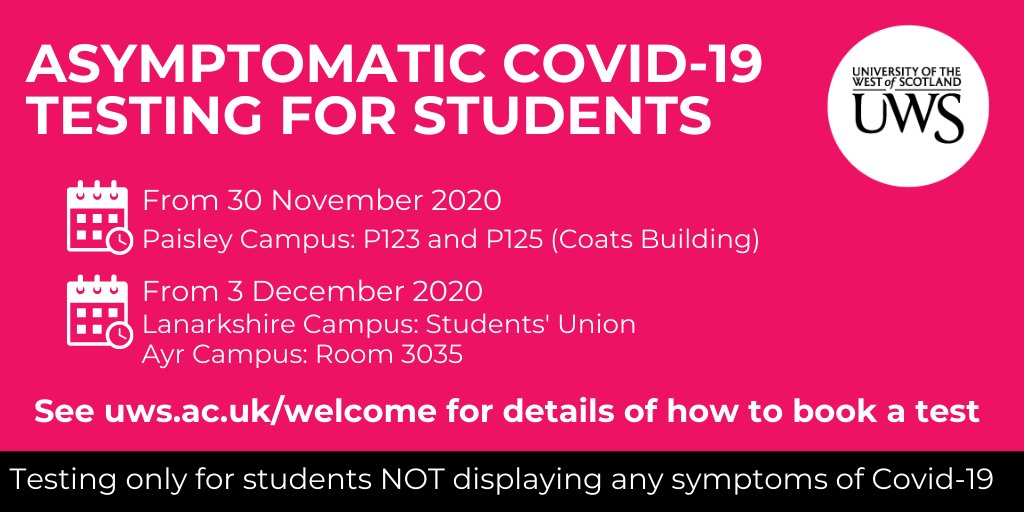 Asymptomatic #covid19 testing for students planning to travel home for the winter break starts in Paisley on Monday 30 November, with arrangements for Lanarkshire and Ayr starting on Thurs 3 December.

Find out more about the University’s testing plans at bit.ly/35e2na4