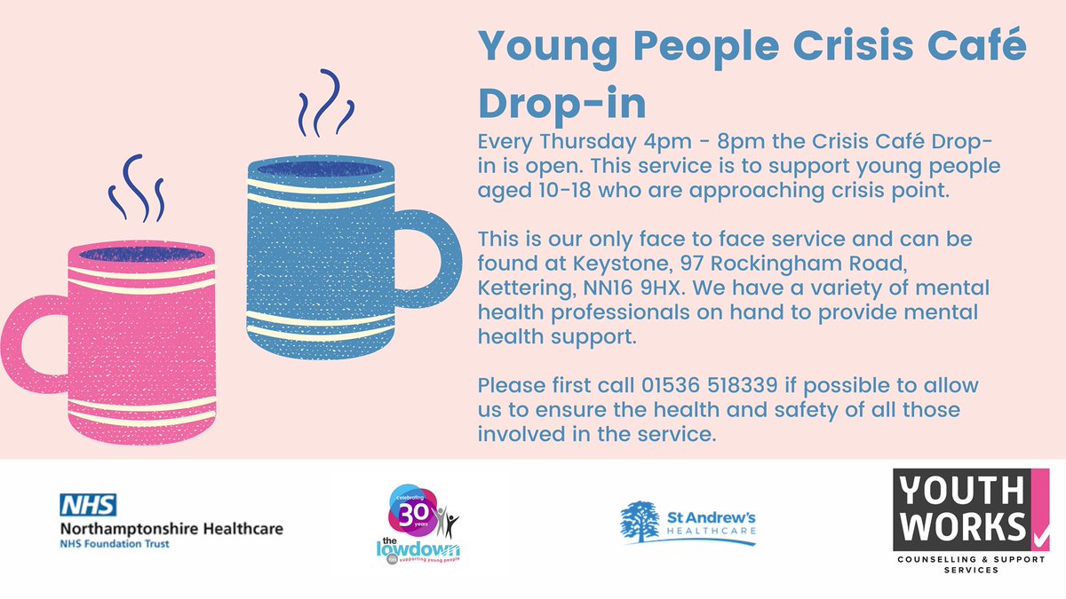 ServiceSix1's tweet photo. if you are struggling, don't feel alone. Our colleagues at @Youth_Works are available at the Crisis café in Kettering this evening from 4pm - 8pm.
#youarenotalone #itsoktonotbeok #itsoktogethelp https://t.co/doaWWlq0YW