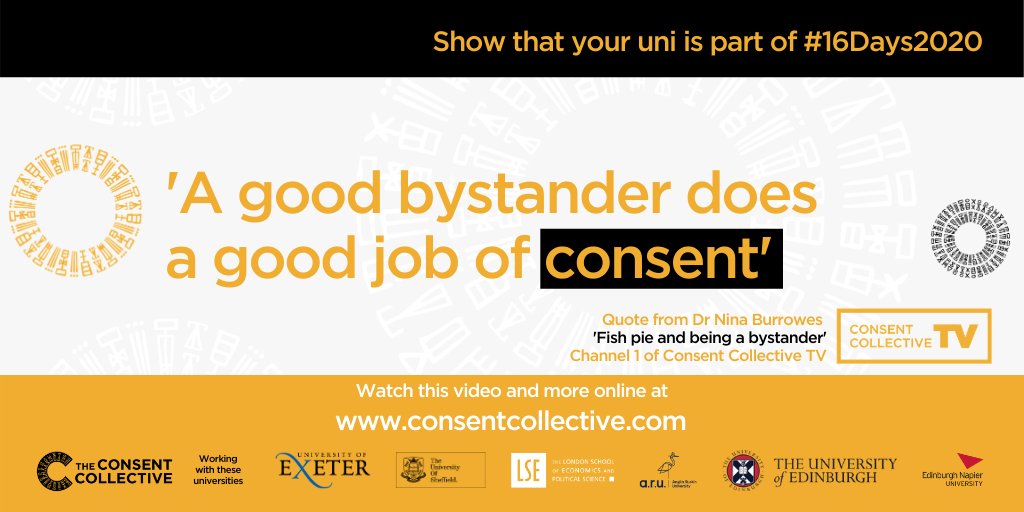 #16DaysofActivism2020 is a joint effort and we're proud to be supporting our uni partners. 

We'll be highlighting a Consent Collective TV video each day to help with these conversations.

Members can log in, watch &amp; share today's video here
👉📽️ bit.ly/2Vazp6B