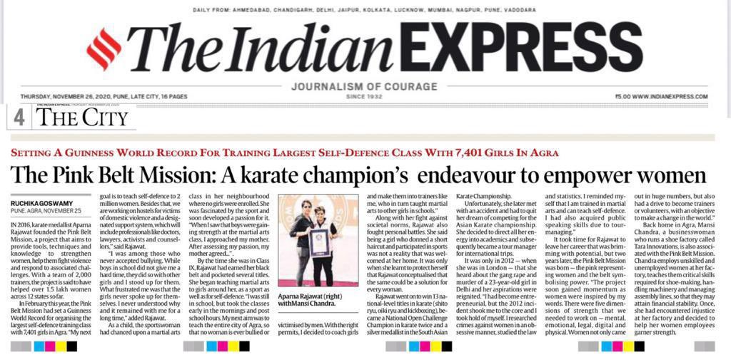 pinkbeltmission's tweet photo. We are appreciated and recognized by Renowned National News Paper today @IndianExpress - Hopes are up @myogiadityanath @narendramodi @PMOIndia @CMOfficeUP No recognition in your own state, so many approaches to @missionshaktiup but Not heard yet to strengthen by real people. https://t.co/TbtA04lt0G