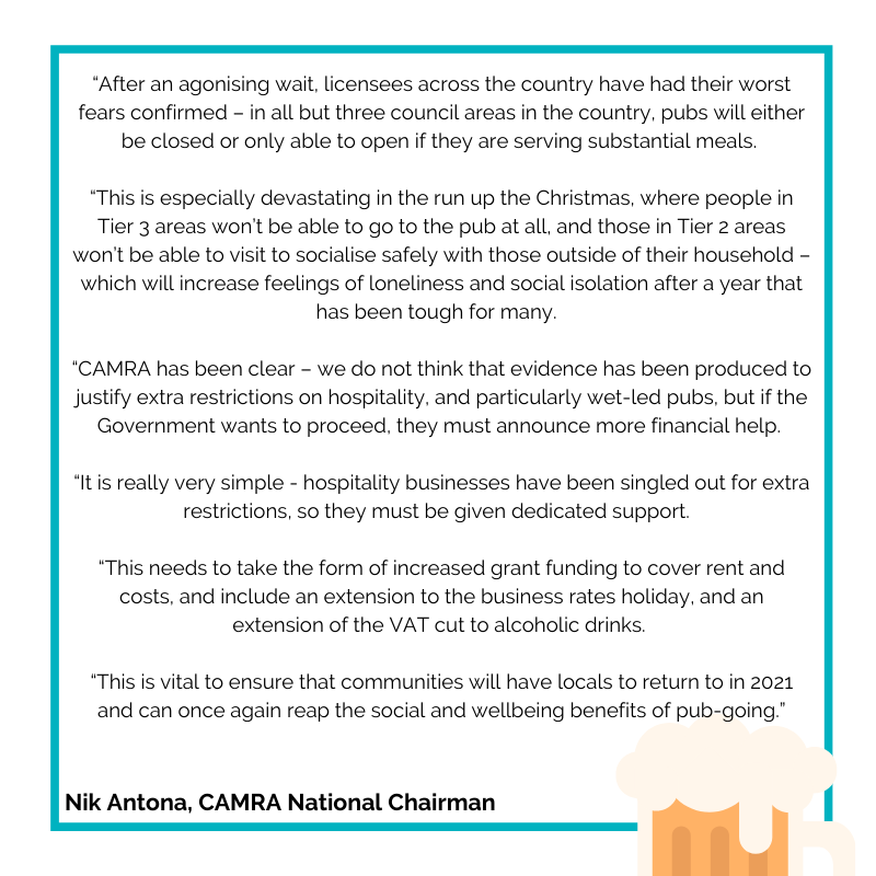 CAMRA_Official's tweet photo. Responding to the announcement that almost all of England will be placed into Tier 2 and 3 restrictions, please find the attached comment from CAMRA National Chairman, Nik Antona.

Read the comment on our website 👉 https://t.co/qe4qEfT7Ai https://t.co/vP3yM91J0M