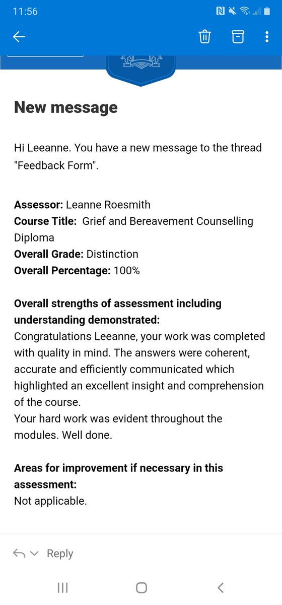 SparkysCrew's tweet photo. Had my final marks through for my grief &amp; bereavement counselling diploma &amp; I scored 100% with a distinction &amp; recieved this lovely feedback from my assessor 💪🙊💪 https://t.co/hUWqoMkK5B