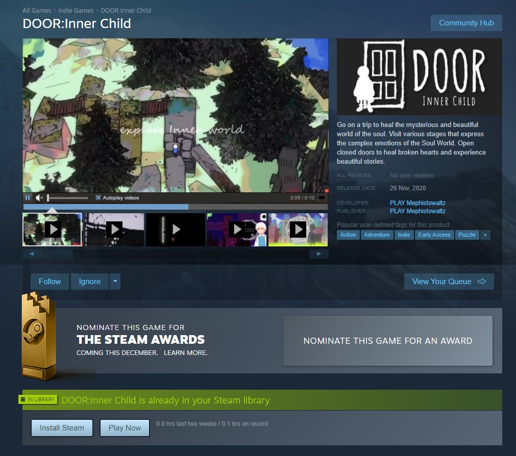 release!!! "DOOR  : Inner Child"  

more info and playing : ) 
url.kr/2KxTr6

#indiedev #indiegame #IndieGameDev #gamergirl #gamedev #gaming #DOOR