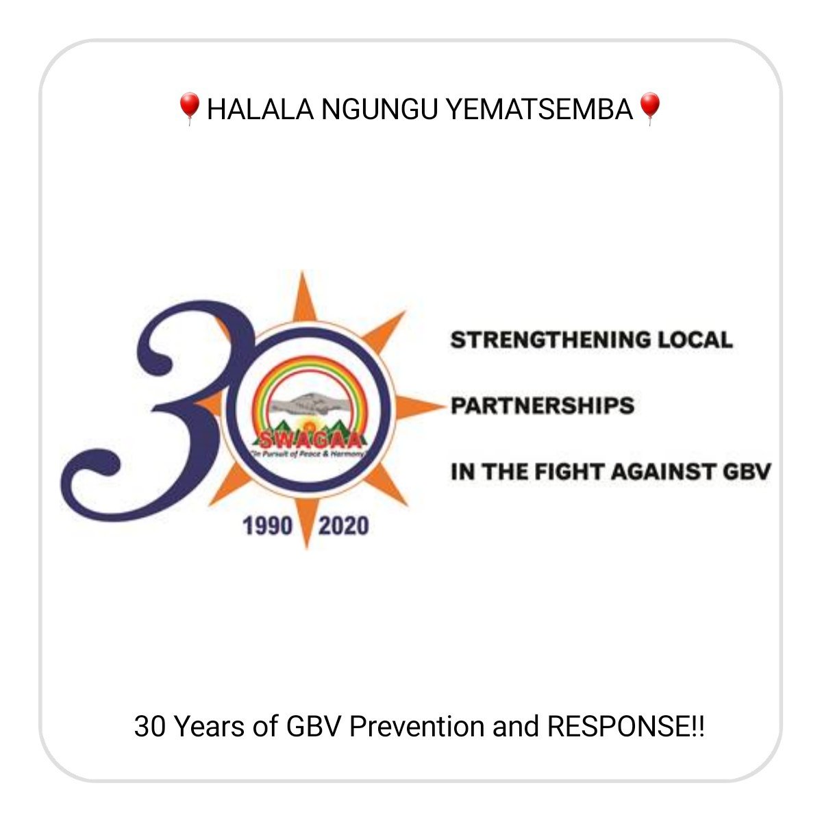 SWAGAA951's tweet photo. Today is a big day for SWAGAA, She is celebrating 30 years of existence in the fight towards eradicating GBV...Halala Ngungu yematsemba halala
#saynotoviolence
#reportandsavelives
#notinmyname
#notundermywatch https://t.co/me5OGYHGnS