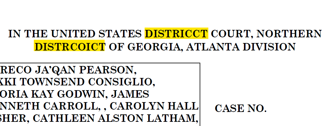 OK, let's look at Sidney Powell's "Kraken" Georgia complaint. First, like everyone else, I'm going to laugh at how the title, on the first page, misspells "District" in two different ways.
