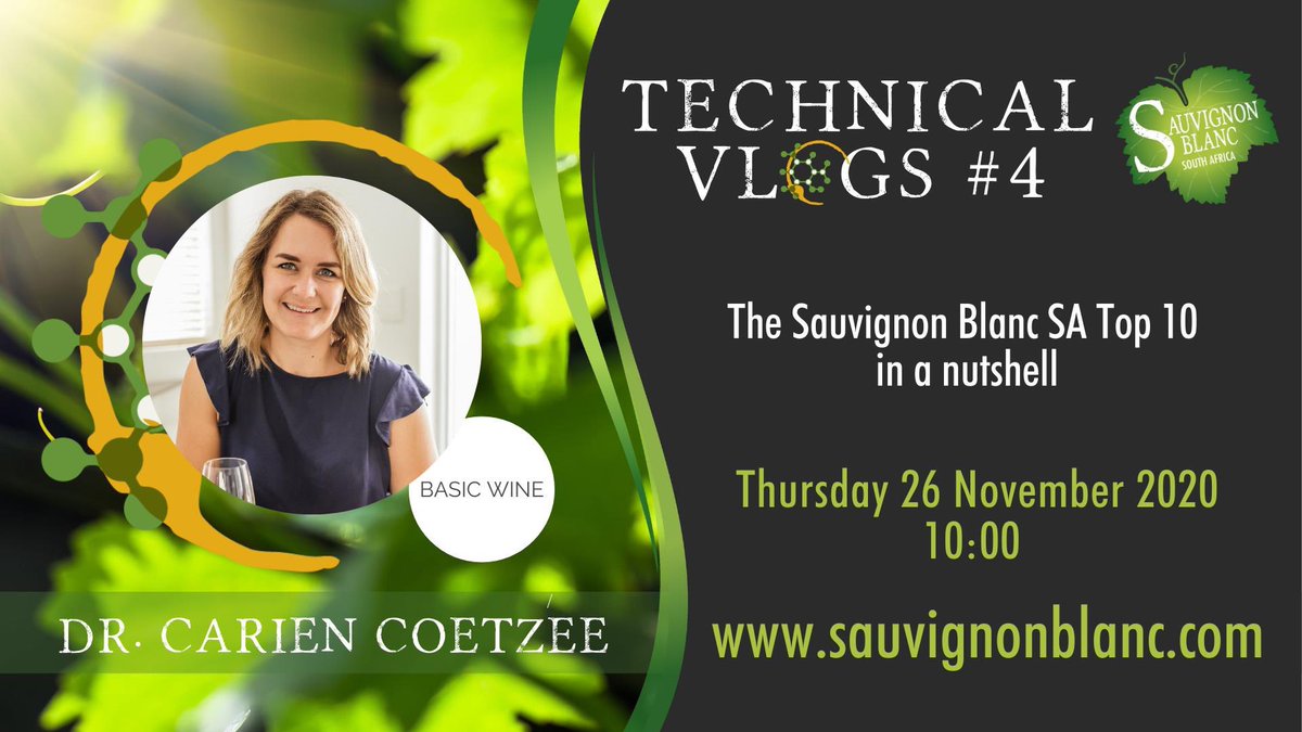 Today, Thurs 26 Nov, Dr Carien Coetzee of Basic Wine &amp; #SauvignonBlancSA, will discuss the 2020 #SauvignonBlancSATop10 wines, giving an overview of the core elements (viticulture, winemaking, chemistry &amp; sensory) that created these award-winning wines.
sauvignonblanc.com/technical