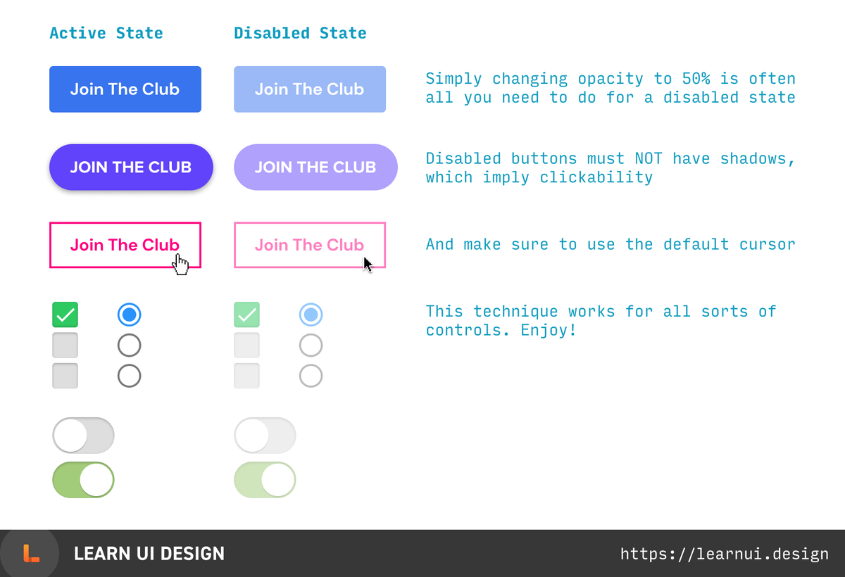  To design a disabled state for a control (button, input, checkbox, etc), simply make it 50-60% opacity.That’s it. That’s the tip.  (9/50)