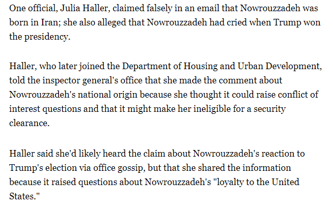 Haller was implicated in discrimination against an Iranian-American employee when she worked at the White House in 2017.  https://www.politico.com/news/2019/11/13/trump-aides-state-department-staffers-070419