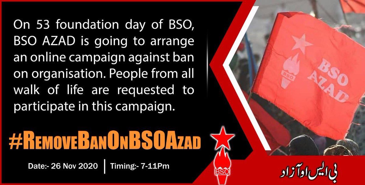 . @BSO__AZAD suffered major blows for his firm ambition on Baloch cause, since the crackdown. Ban on BSO Azad is tyranny against freedom of speech but has always been a tool of Occupier against oppressed. We appeal all social media users to use their voice in #RemoveBanOnBSOAzad