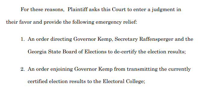 The remedies Powell is seeking are confusing. They seek to enjoin the Governors of GA and MI from "transmitting the currently certified election results to the Electoral College". But... this isn't a thing. Results are never transmitted TO the Electoral College