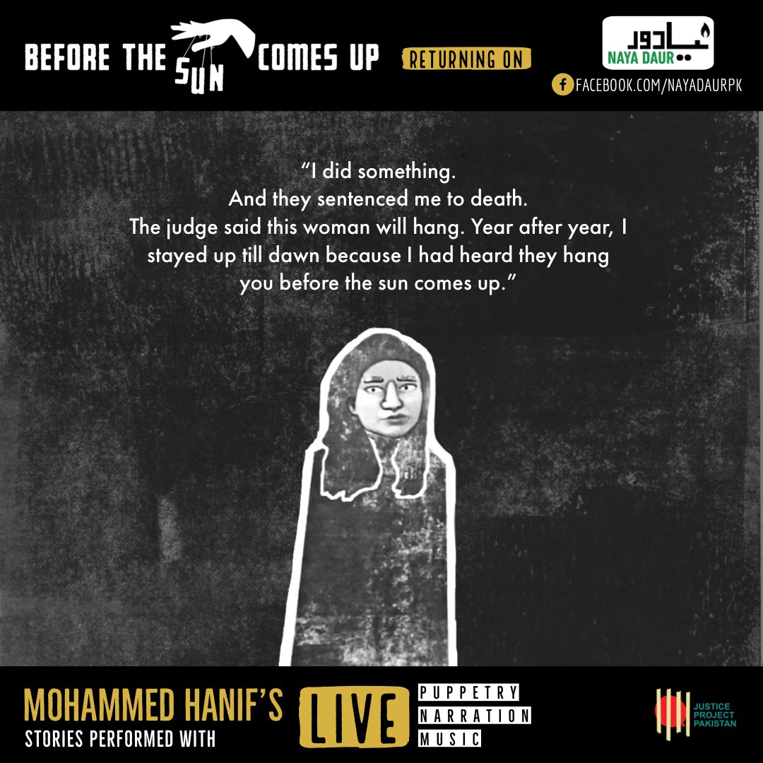 JusticeProject_'s tweet photo. She was a prisoner who did something. Hear her story in @mohammedhanif’s words and Sarmad Khoosat’s voice on @nayadaurpk on 29th Nov (Sunday) at 7pm sharp.

#BeforeTheSunComesUp 
@goldenhour60 https://t.co/MmGeRaK3Xw