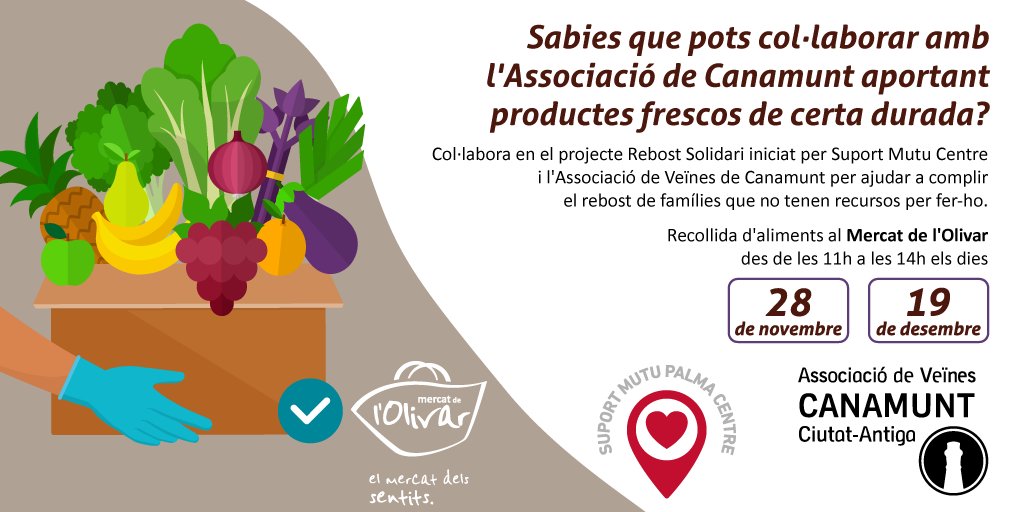 Vos recordam que dissabte, 28 de novembre des de les 11h fins a les 14h, l'Associació de Canamunt tornarà estar present en el #MercatOlivar. Vos animam a col·laborar amb 𝐩𝐫𝐨𝐝𝐮𝐜𝐭𝐞𝐬 𝐅𝐑𝐄𝐒𝐂𝐎𝐒 de certa durada! 𝐌𝐎𝐋𝐓𝐄𝐒 𝐆𝐑À𝐂𝐈𝐄𝐒! 
<a href="/AvvCanamunt/">Avv Canamunt</a> <a href="/mutu_suport/">Xarxa Suport Mutu Mallorca COVID19</a>