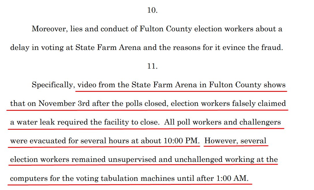 GEORGIA LAWSUITSpecifically, video from the State Farm Arena in Fulton County shows that on November 3rd after the polls closed, election workers falsely claimed a water leak required the facility to close.