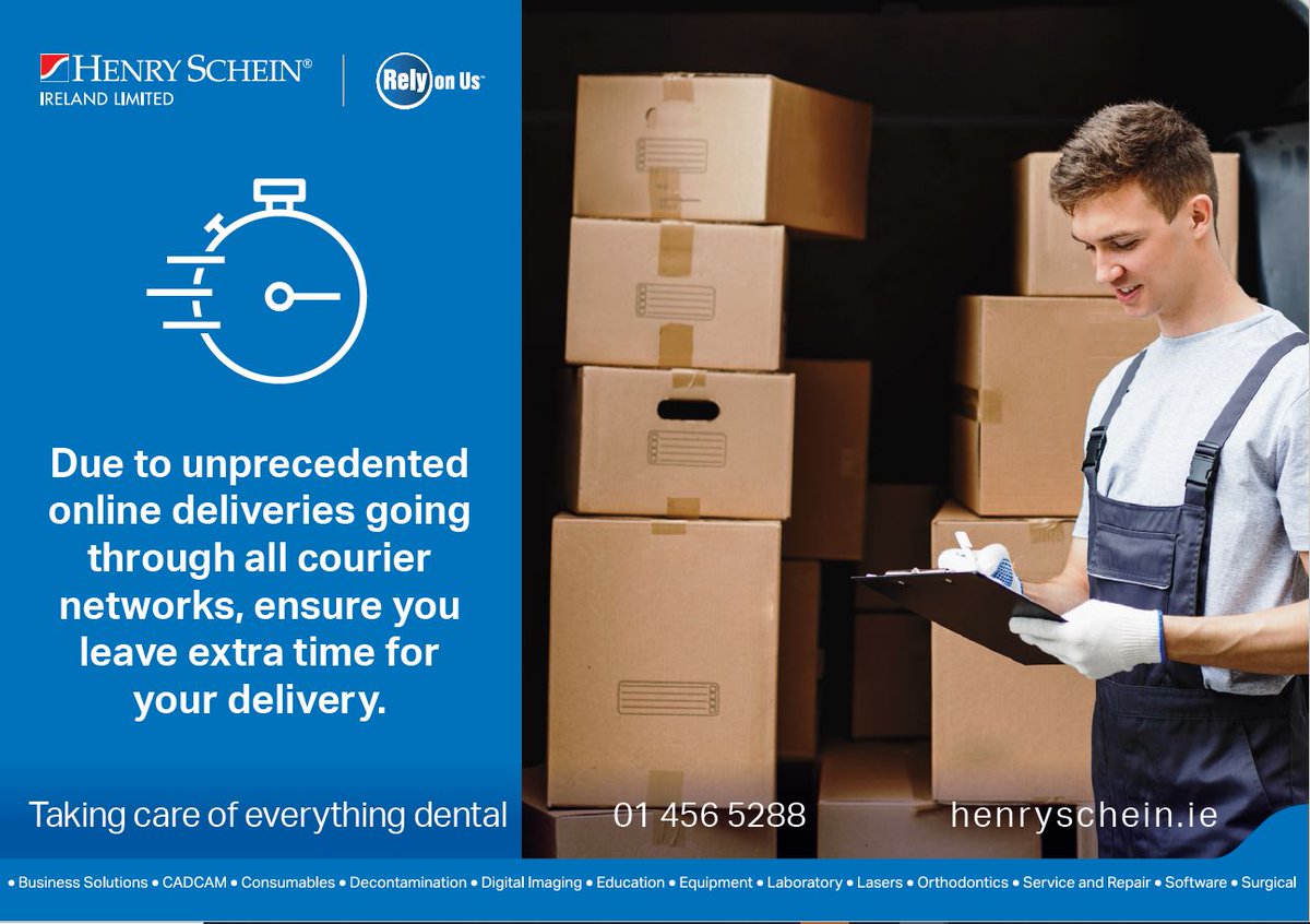As we head into the busy online shopping period, please allow some extra time for your <a href="/HenryScheinIE/">Henry Schein Ireland</a> order to arrive.   For additional assistance please call our customer service team on 01 4565288 who will be happy to help. 

#relyonus  #everythingdental  #dentalconsumables