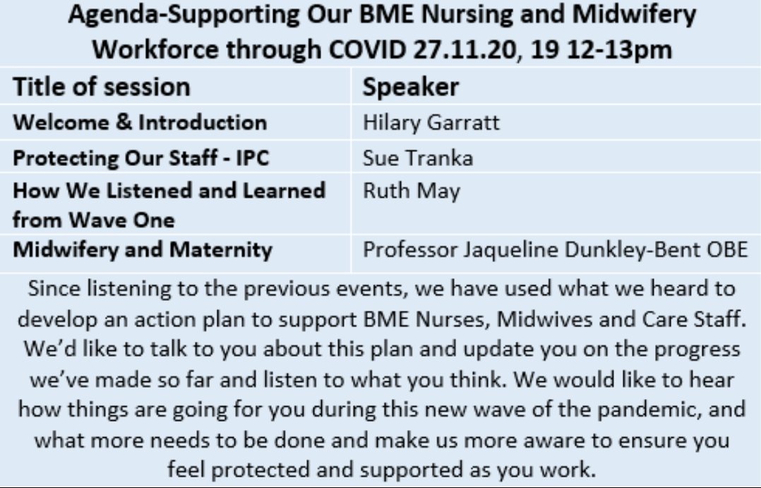 MatronNetwork's tweet photo. The webinar Fri 27 Nov 12-13pm is to support BME Nurses, Midwives &amp; Care Staff &amp; Nursing Directors/Chief Nurses. It follows our previous events, on the experiences of BME staff in Covid19 wave 1. Contacts will be sent the link to join or direct message with your email to join https://t.co/ER2EuBy4zH