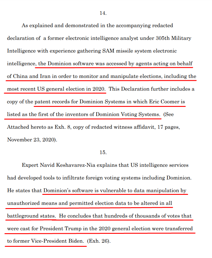 GEORGIA LAWSUITThe Dominion software was accessed by agents acting on behalf of China & Iran in order to monitor and manipulate elections, including the most recent US general election in 2020. Eric Coomer is listed as the first of the inventors of Dominion Voting Systems.