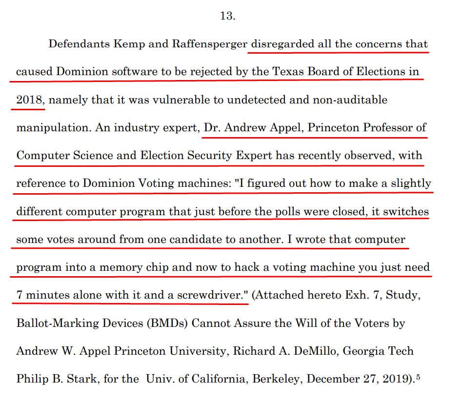 GEORGIA LAWSUITDefendent Kemp and Raffensperger disregarded all the concerns that caused Dominion software to be rejected by the Texas Board of Elections in 2018, namely that it was vulnerable to undetected and non-auditable manipulation.