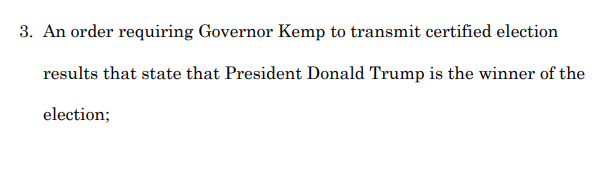 In both suits, Powell (and Juli Haller) ask the courts to just declare Trump the winner in Georgia and Michigan. This is not a thing that is going to happen, and even asking for it makes them look terrible.