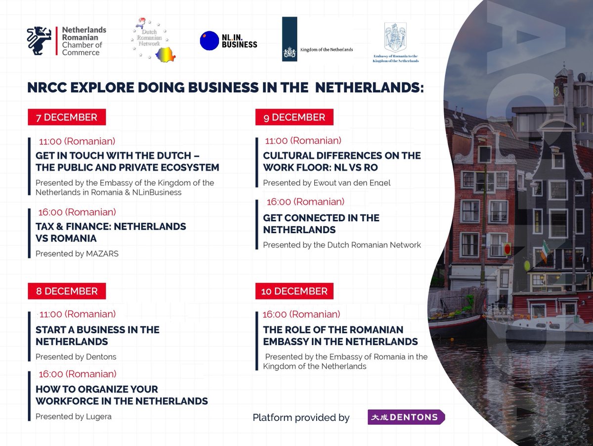 NRCC_ro's tweet photo. Have you ever thought of the Netherlands as a viable business opportunity?
Then you are invited by the NRCC to join our annual event: EXPLORE DOING BUSINESS IN THE NETHERLANDS!  Register now, at info@nrcc.ro
Platform provided by Dentons! https://t.co/eshEyfvYVW