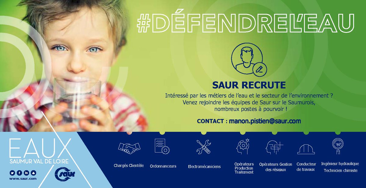 Cl_marchand's tweet image. Le @GroupeSaur recrute dans le Saumurois, de nombreux postes à pourvoir dans les métiers de l&apos;eau, rejoignez-nous !