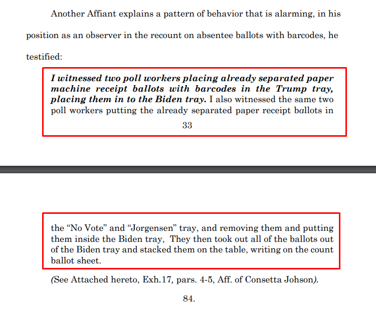 GEORGIA LAWSUITI witnessed two poll workers placing already separated paper machine receipt ballots with barcodes in the Trump tray, placing them in to the Biden tray.