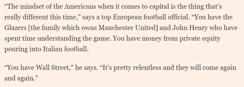 What investors are these? Henry at Liverpool, Glazers at United. Wall Street lending to Spurs and Inter. Hedge funds, like Elliott at AC Milan.Investors want steady returns on investment. Not the ups and down in money that come from changing on-pitch performances.4/9
