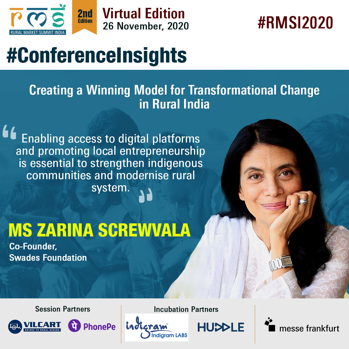 rmsummit's tweet photo. Sharing her insights during the inaugural session of Rural Market India Summit 2020, Ms Zarina Screwvala, Co-Founder, Swades Foundation , addressed the importance of promoting digital platform and empowering local communities to transform #ruralindia https://t.co/vIeJWJu65l