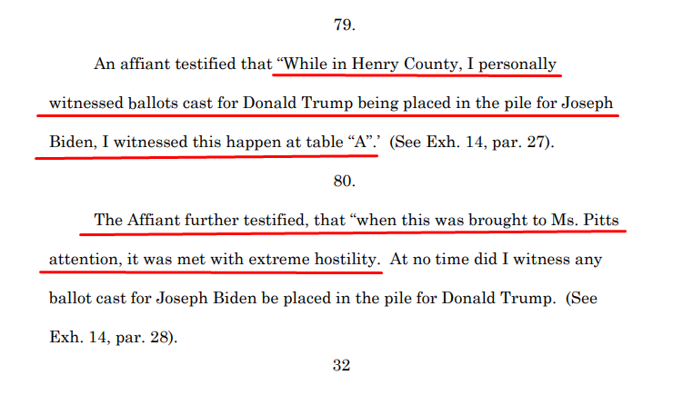 GEORGIA LAWSUITAn affiant testified that While in Henry County, I personally witnessed ballots cast for Donald Trump being placed in the pile for Joseph Biden.
