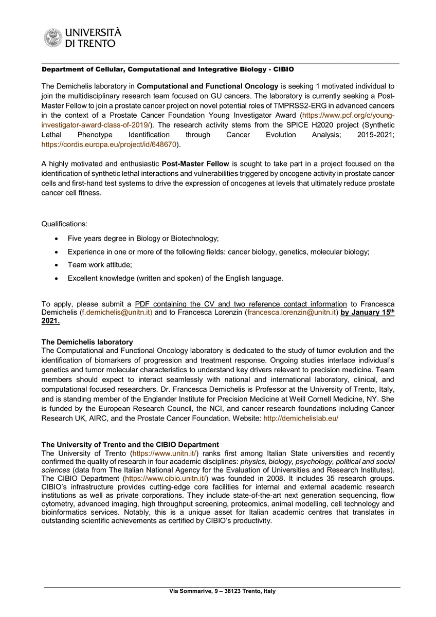 CIBIO - UniTrento (@cibio_unitrento) on Twitter photo 📢 A post-master fellow is sought in the #Computational and Functional #Oncology lab of <a href="/FrancescaBZNY/">Francesca Demichelis</a> to study the roles of TMPRSS2-ERG in advanced #cancers.
🗓 Deadline: January, 15th 2021
⬇️ Find more details in the flyer 📢 A post-master fellow is sought in the #Computational and Functional #Oncology lab of <a href="/FrancescaBZNY/">Francesca Demichelis</a> to study the roles of TMPRSS2-ERG in advanced #cancers.
🗓 Deadline: January, 15th 2021
⬇️ Find more details in the flyer