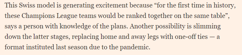 What’s the Swiss Model?Replace CL group stages. Instead every team plays 10 matches against 10 different opponents. They all appear on the same league table, the top teams progressing to the latter stages.8/9