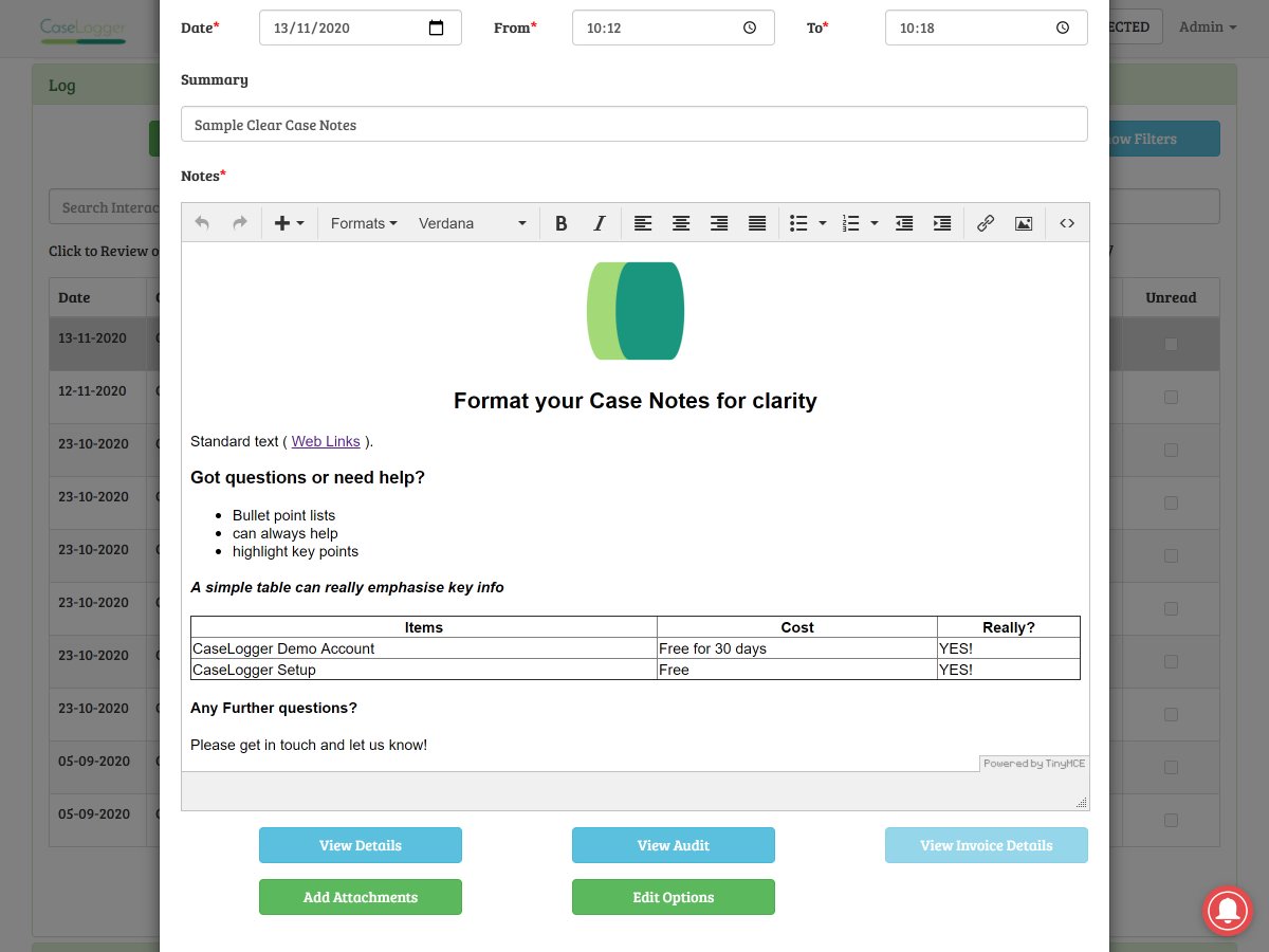 Format your Case Notes for clarity and emphasis - add links, images, tables and more! #SimplifyCM #caselogger #casemanagement