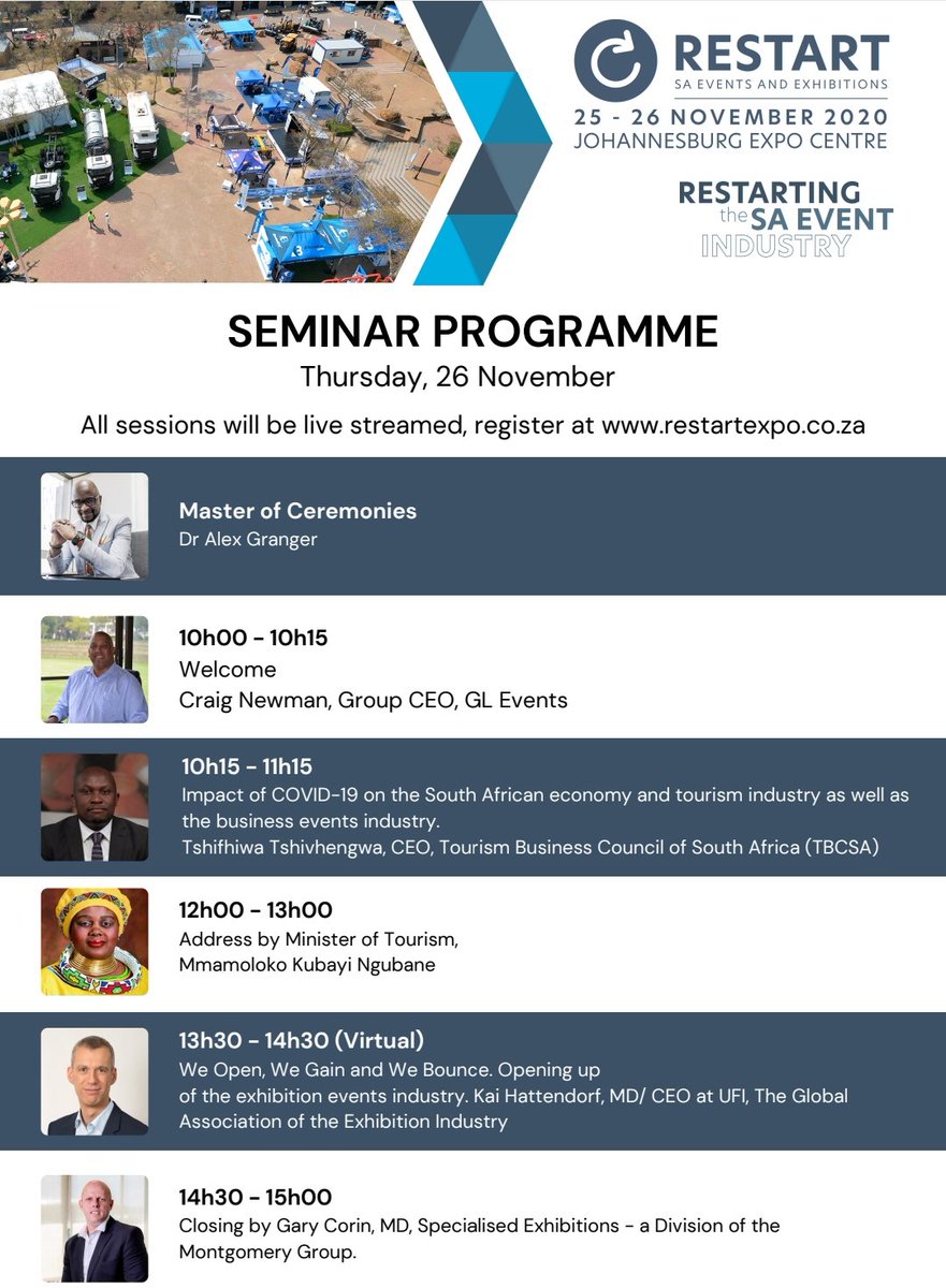 GLeventsSA's tweet photo. Day 2 seminar programme for the #RestartExpo is underway.
Hope you are already seated at the hall or ready to join us via live streaming.

Do not miss out.

#RestartExpo #RebootExpo #LiveExhibitions #IndustryReboot #EventProtocol #gleventssouthafrica #glevents https://t.co/Ka1cmEmeDx