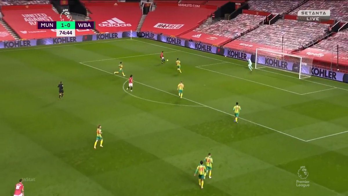 The 3 forwards stretching the defensive line of  #WBA and Rashford fInds Martial with a great ball. However, what's great here is the positioning of Martial, Cavani, Rashford.  #MUFC