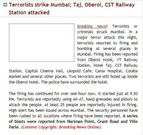 TNIPress's tweet photo. #MemoryLane 

#TheNewsInsight , known as #BreakingNewsOnline in 2008, had covered the 26/11 #MumbaiTerrorAttacks incident round the clock - #12YearsAgo . 

Tributes to the Martyrs. 🙏

#WebJournalism #MumbaiAttack #MumbaiTerrorAttack @arunbothra @anupkumarsahoo https://t.co/YxIdK3l60N